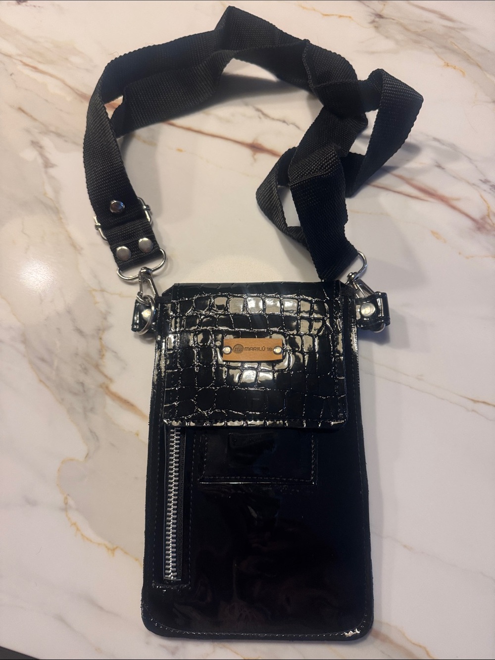 Black Patent Crossbody Phone Bag with Adjustable Strap from Argentina